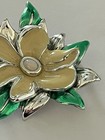 Danecraft Vintage Enamel Yellow Flower Green Leaves Silver Tone Brooch Pin — photo 3