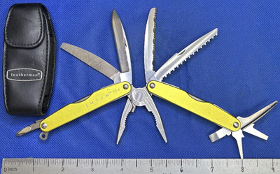 Leatherman JUICE KF4 Multi-Tool ELECTRIC YELLOW W/Leather Sheath VGUC BOD 0901