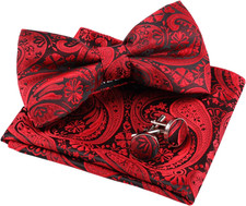 Mens Paisley Bow Tie, Hanky and Cufflinks Wine Red