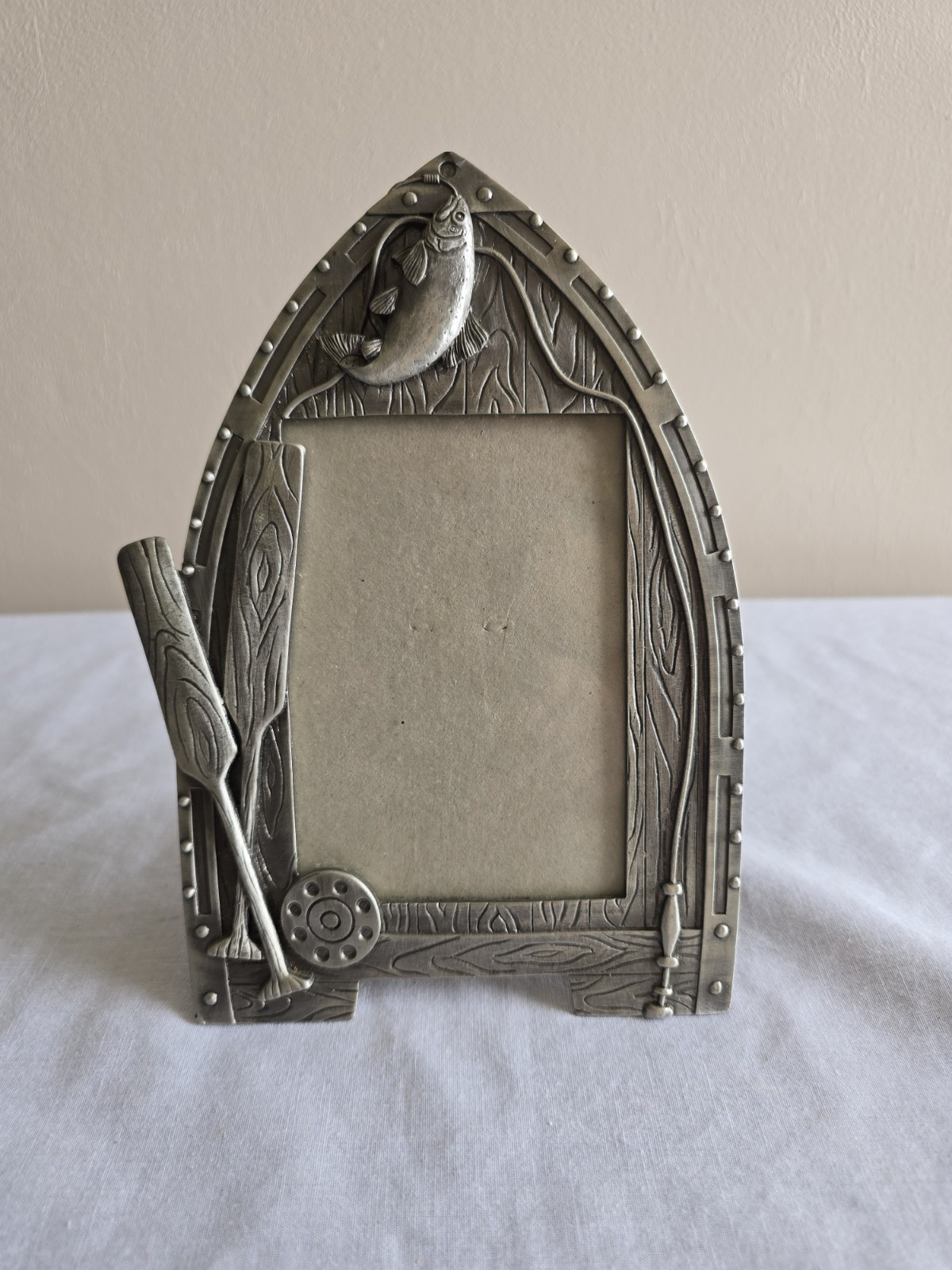 Heavy Silver Metal Fishing Boat Picture Frame Free Standing 5x3.5 Inch