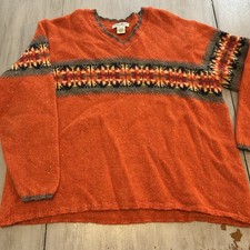 Eddie Bauer Orange Fair Isle Geometric Sweater Women L Petite Made in USA 90s