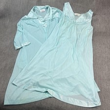 Vtg Vanity Fair Robe Gown 2Pc Set W M Blue Nylon Ruffle Lace Sleep USA flaw