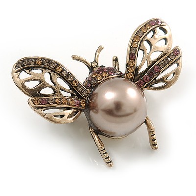 Kleine Vintage inspirierte Kristall Kunstperle Bug Brosche in gealtertem Goldton - 40 mm