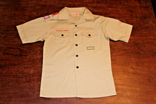 Boy Scouts of America BSA Youth Shirt Tan Large Sewn Patches Short Sleeve
