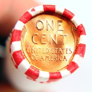 BU Penny Back Showing On End Of 50 Coin Circulated Wheat Cent Shotgun Roll C-16a