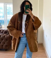 Vintage Shearling Coat Suede Leather Jacket Brown Oversized Fur Lined Warm