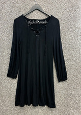 Old Navy Black Knit Shift Dress Swing Dress Lace Up Neckline Long Sleeve Size M
