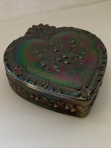 VTG Fenton Large Wild Strawberry Amethyst Carnival Candy Dish Trinket Box Heart