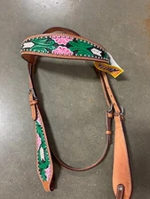 Abetta Leather Browband Headstall with Green and Pink Floral Design