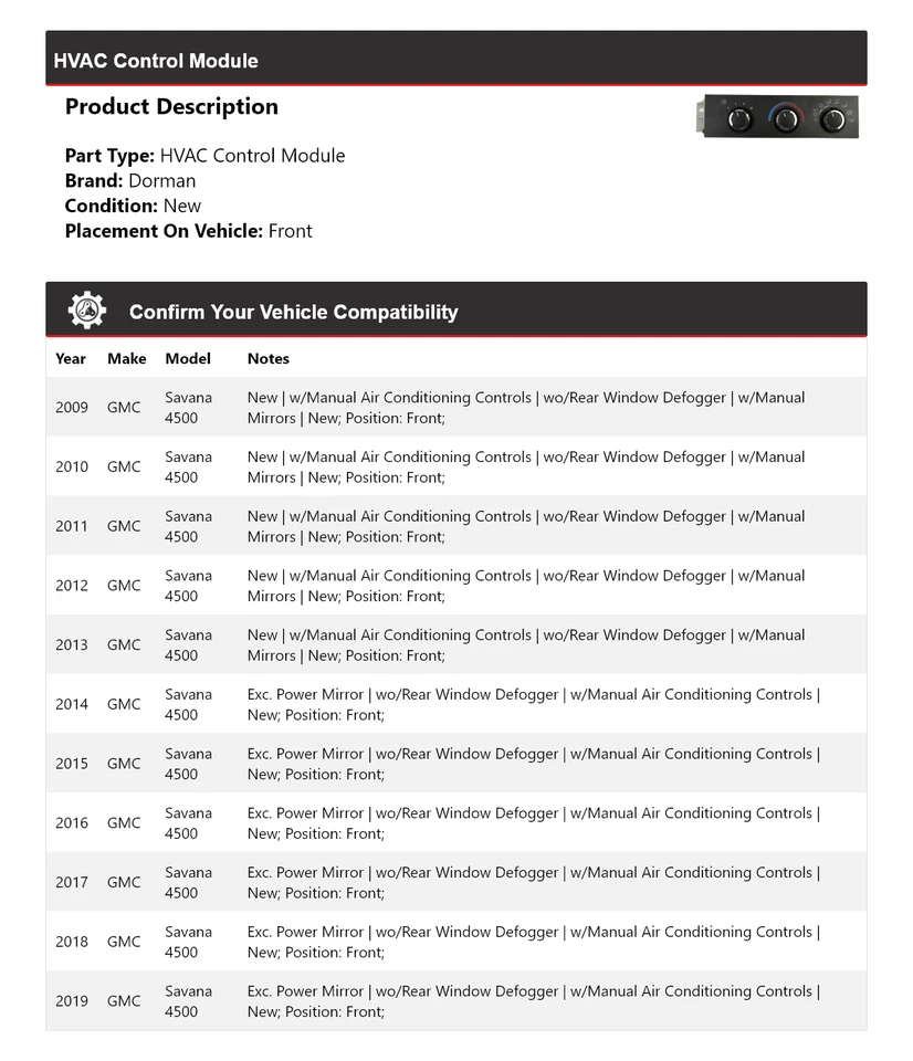 Módulo de control de climatización delantero para GMC Savana 4500 Dorman 2009-2019 2010 2011 2012 Foto 2 de 4