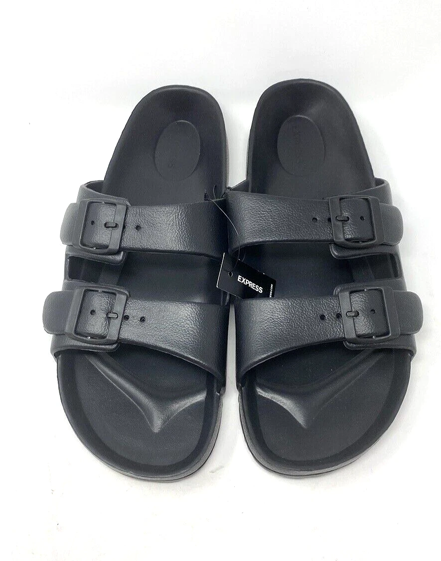 Men Black EXPRESS Double Buckle Slides Flip Flop Sandals Sizes 12