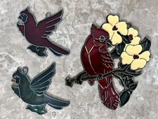 Vintage Stained Glass and Metal Bird Suncatchers RED GREEN WHITE Nature