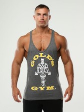 Image of Golds Gym Stringer Mens Workout Sport Print Vest Tee T-Shirt Grey Yellow