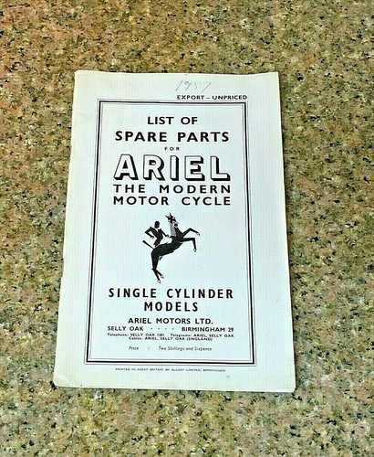 1956 Ariel Motorcycle Single Cylinder Models Spare Parts List Catalog Book