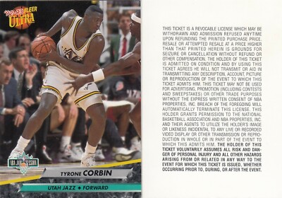 1992-93 Tyrone Corbin Fleer Ultra All Star JAM SESSION TICKET STUB - Utah Jazz