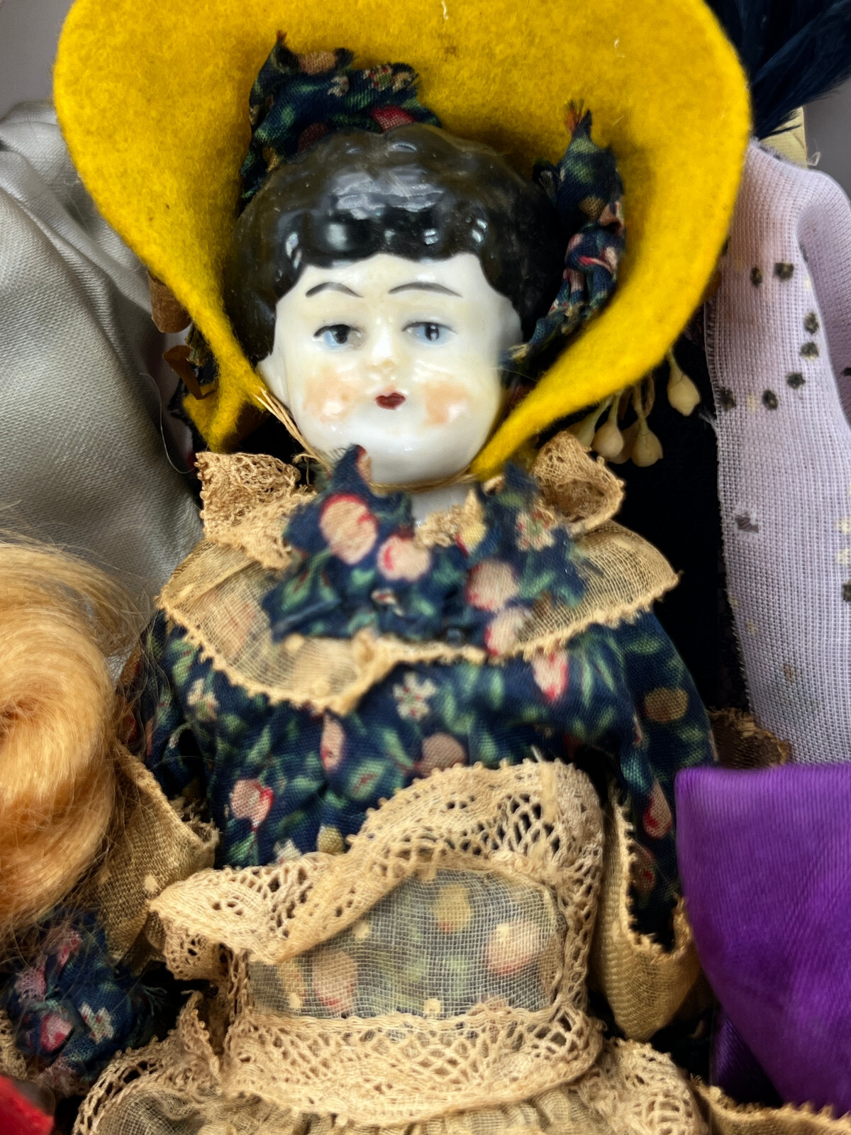 9 Vintage plastic Dolls Victorian porcelain small jointed poka dot