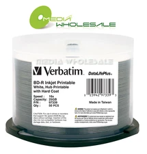 50 VERBATIM Blu-Ray 16X BD-R 25GB DataLifePlus White Inkjet Hub Printable 97339