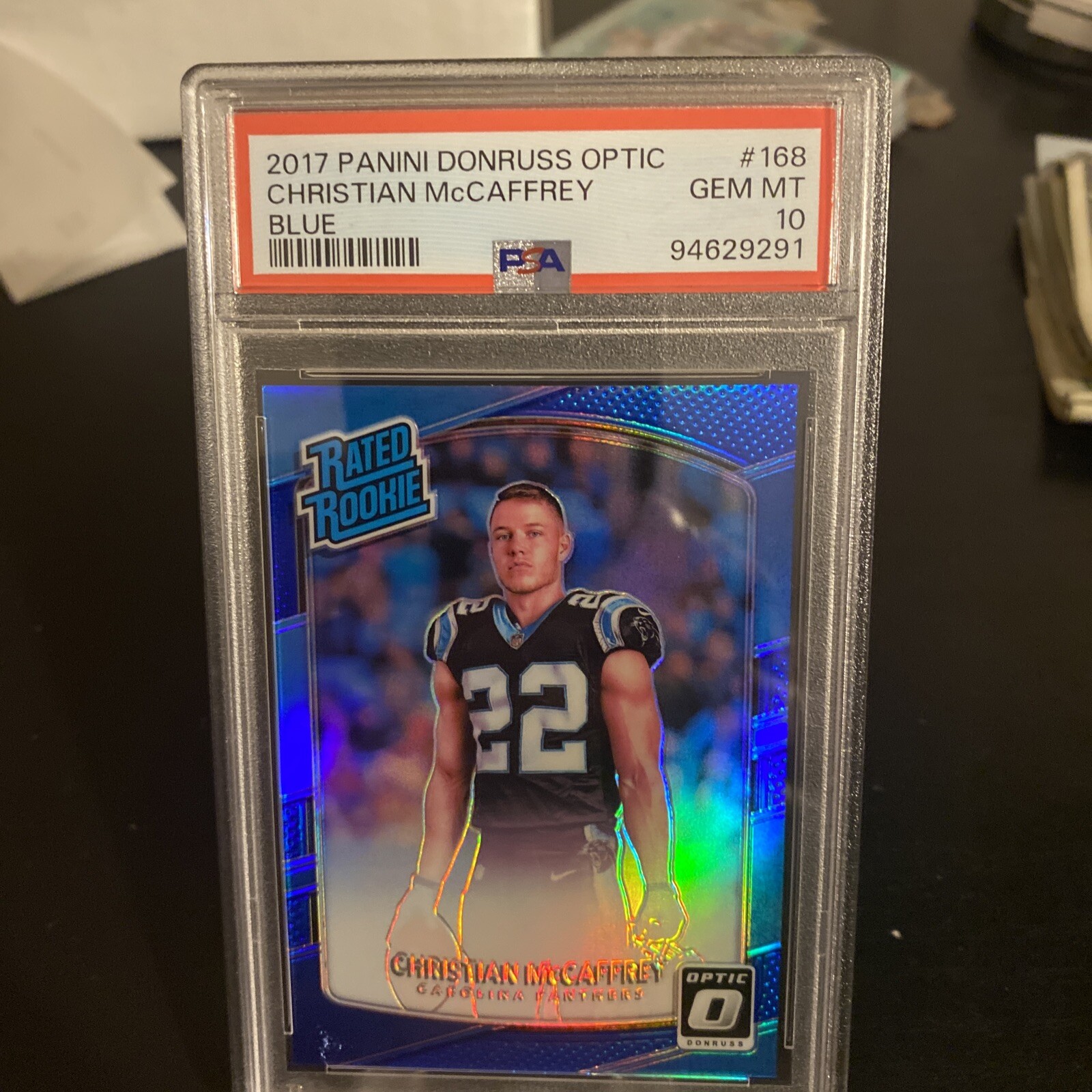 2017 Panini Donruss Optic Christian McCaffrey Rated Rookie Blue /149 PSA 10