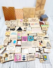 Huge Lot of 75 Crafting Stamp Wood Backed Rubber Stamps Various Brands Sizes