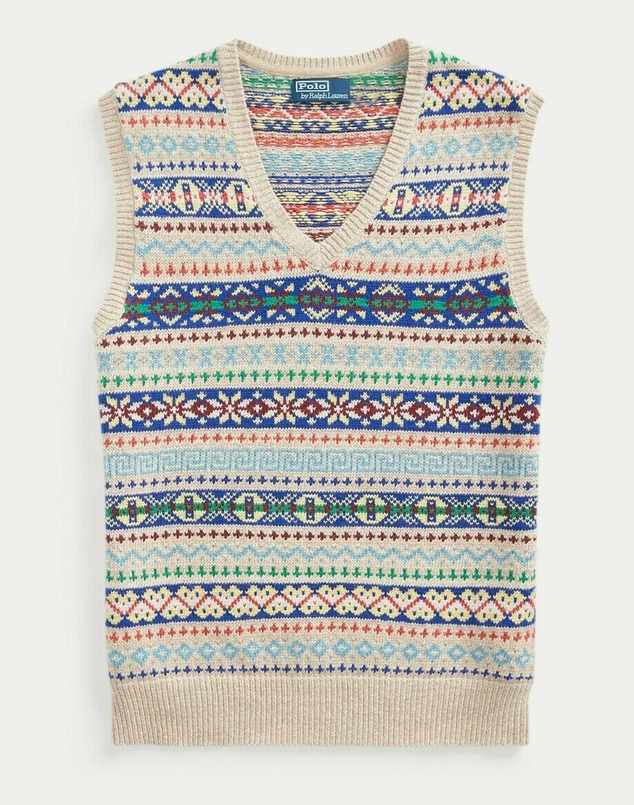 Polo Ralph Lauren Mens Fair Isle Cashmere Knit Varsity V Neck