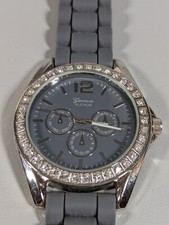 Geneva Platinum Gray Dial Crystal Accent Silver Tone Case Silicone Band Watch