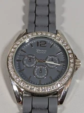 Geneva Platinum Gray Dial Crystal Accent Silver Tone Case Silicone Band Watch