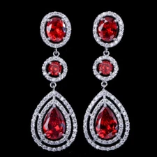 Elegant Silver Plated Red CZ Long Bridal Wedding Drop Dangle Earrings Jewelry