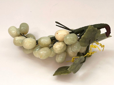 Vintage MCM Celadon Jade Hand Carved Grape Cluster Stone Fruit Table Decor
