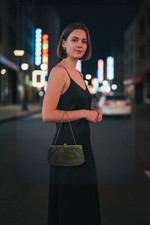 Vintage Etra Genuine Leather Pleated Clutch with Gold Tone Chain
