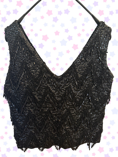 Gilet vintage noir orné de sequins et cannetilleset et autres éléments décoratif