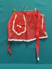 VTG Half Tie Apron Red Sheer Organza w/ White Lace  Bow Pocket USA Made