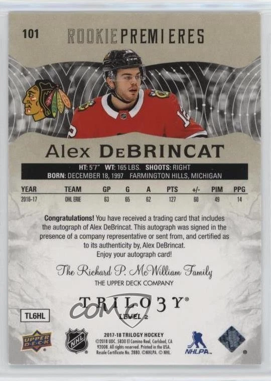 2017 Trilogy Premieres Level 2 /249 Tier Autograph Alex DeBrincat Rookie Auto RC - Image 2 of 2