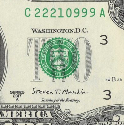 #ad Angel Number Double Triple 0s 2s Fancy Serial Number $2 Dollar C22210999A $5.99
