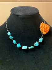 Turquoise Faux Stone Necklace w/Orange Accent Flower