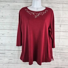 Quacker Factory Womens Top Sz Large Dark Red Embellished 3/4 Sleeve