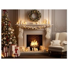 8x6ft Christmas Fireplace Backdrop Xmas Tree Stocking White Polyester