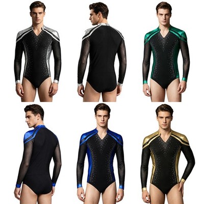 Men Dance Leotard Sport Bodysuit Dancing Figure Skating Sparkling Rhinestone