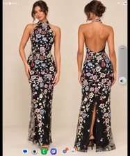 Lulus Infinite Praise Black 3D Floral Embroidered Halter Maxi Dress M Wedding