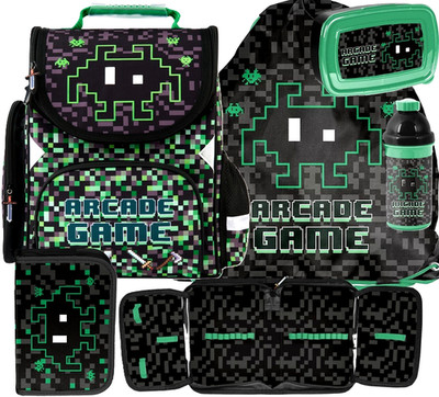 PIXEL Schulranzen Set 5in1 Ranzen rucksack Federmäppchen Turnbeutel ARCADE GAME