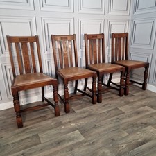 Vintage Oak Dining Chairs - Set 4 Solid Wooden - Slat Back Faux Leather Seats