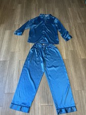 Vintage Victoria  s Secret 90s Gold Label Blue Satin Like Pajama Set Small 2 Pc