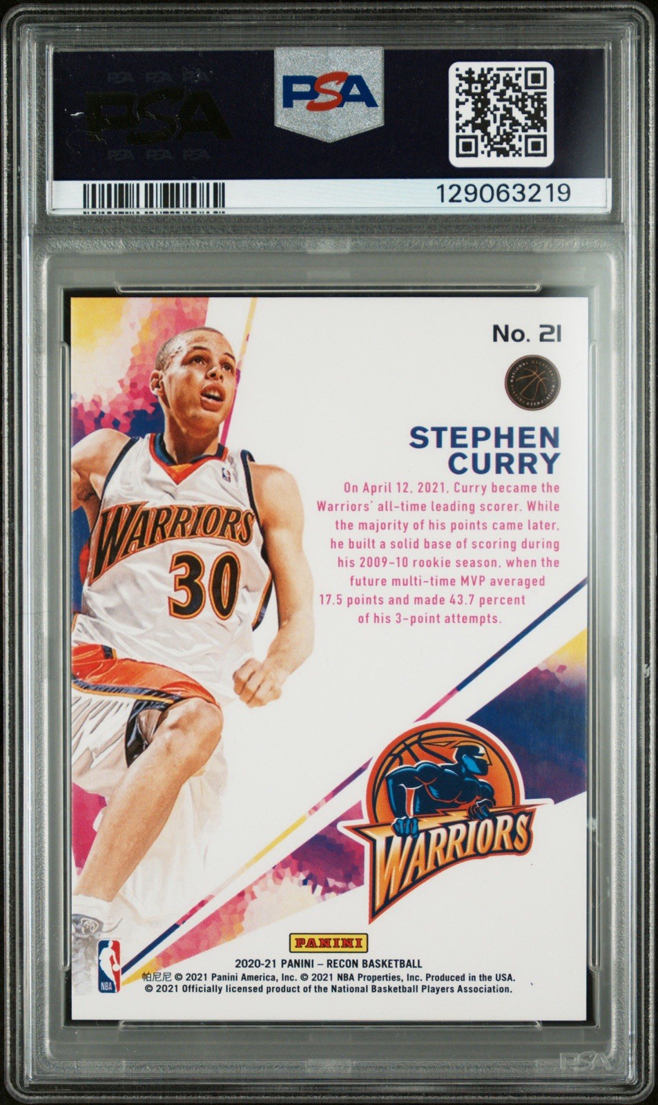 2020-21 Recon Basketball Rookie Review Steph Curry ROOKIE WARRIORS PSA 10 GEM view 2