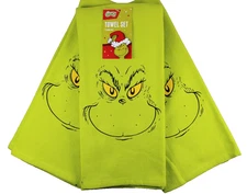 Set Of 3 Dr. Seuss The Grinch Face Green Christmas Kitchen Towels