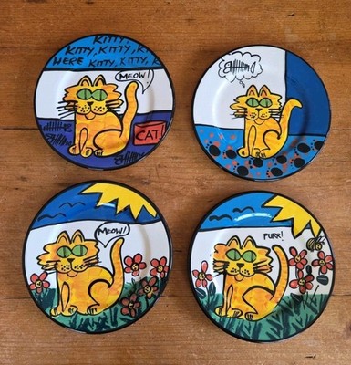 4 Kevin Kilsby NZ Studio Pottery Garden Pop Art Cats Hand Painted Ceramic Plates