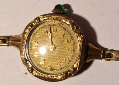 Damen Armband Uhr Swiss Made 15 Jewels Gold filled grün Edelstein Cal. 406 Rar?!