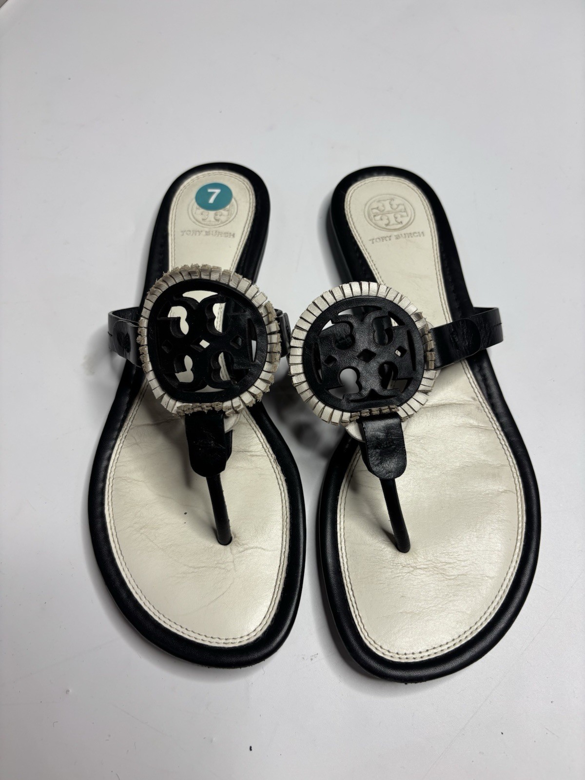 Tory Burch Miller Fringe Flip Flop Thong Sandal Black and White Women’s 8 M