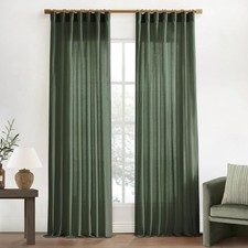 Olive Green Linen Curtains 90 Inches Long for Living Room 2 Panels Set,Back Tab