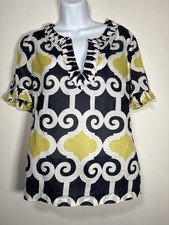 TORY BURCH Size 10 Geometric Top V-Neck Ruffle Sleeve Iconic Designer Buttons
