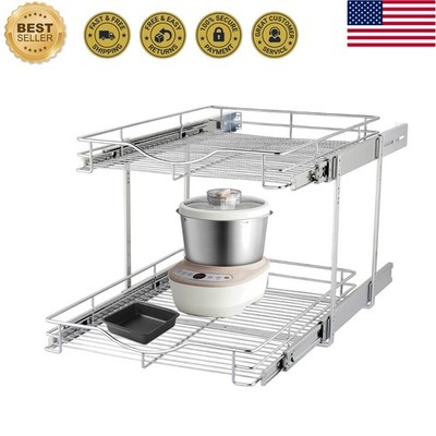 Durable Pull-Out Cabinet Organizer with 2 Tiers - 75 lbs Capacity, Chrome Finish