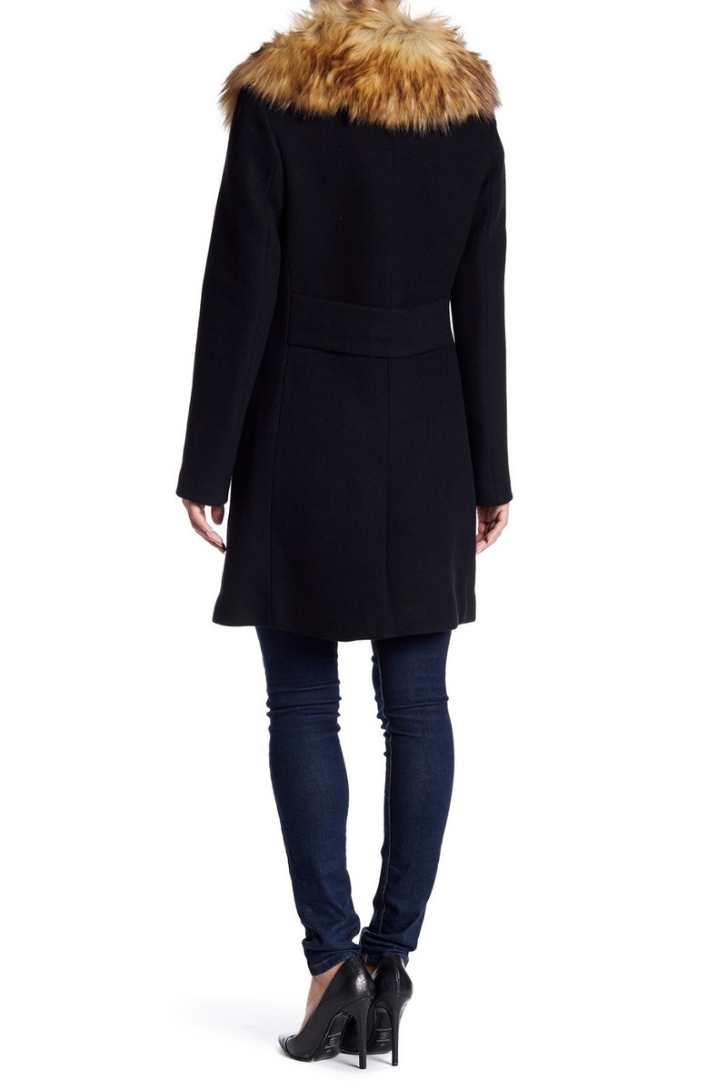 Women's Double Breasted Faux Fur Collar Trench Coat - Winter Long Pea Coat With Belt, Elegant Swing Fit, Polyester